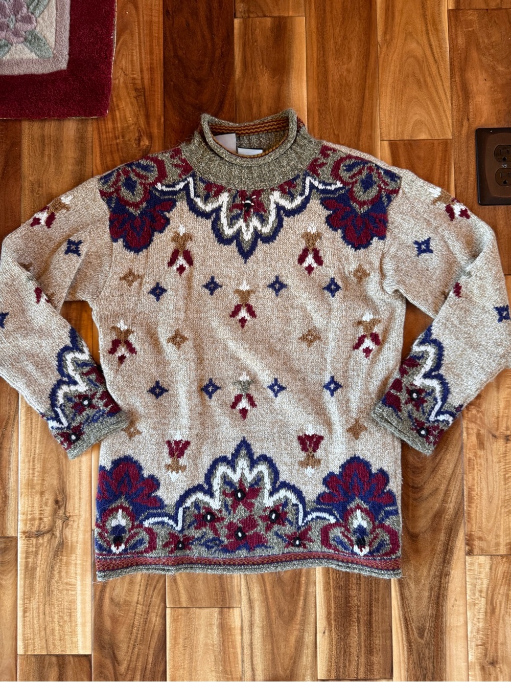 Liz Sport Pattern Crewneck Sweater - Beige with Red & Blue Accents
